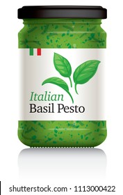 Italian Pesto Sauce Jar, with basil leaves design on white label, vector visual illustration, Drawn with mesh tool. Fully adjustable & scalable.