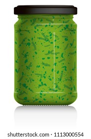 Italian Pesto Sauce Jar, 
without label, vector visual illustration, Drawn with mesh tool. Fully adjustable & scalable.