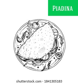 Italian Piadina hand drawn vector illustration. Piadina top view. Menu design template. Sketch illustration.