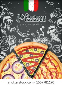 Italian pizza ads or menu with illustration rich toppings dough on engraved style chalk doodle background.