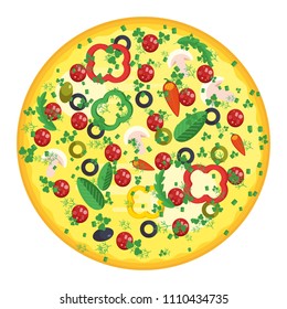 Italian pizza. Appetizing filling with sausage and tomatoes, mushrooms and greens. Flat vector cartoon illustration. Objects isolated on a white background.