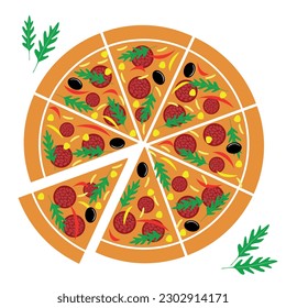 Italian pizza baked in a stone oven. Italian cuisine. Pepperoni, arugula, olives, corn, pepper and cheese. Colored vector drawing - whole pizza. Pizza cut into pieces on a white background.