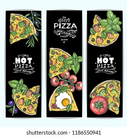 Italian pizza banner collection. Colored illustration. Italian food menu design template. Vintage hand drawn vector illustration. Pizza label for menu.