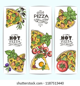 Italian pizza banner collection. Colored illustration. Italian food menu design template. Vintage hand drawn vector illustration. Pizza label for menu.