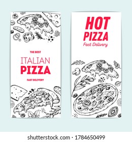 Italian pizza banners design. Pizza and ingredients. Italian food menu design template. Pizzeria menu design template. Vintage hand drawn sketch vector illustration. Engraved image.