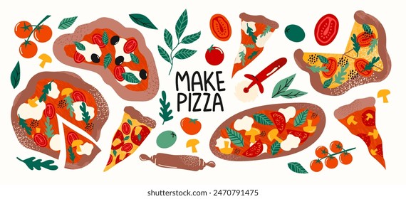 Pizza italiana con albahaca, tomates y mozzarella. Piezas de pizza, un conjunto de ingredientes, varios ingredientes. Verduras, queso, salami, salsa. Ilustración de garabato de dibujos animados para restaurante y cafetería