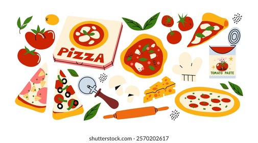 Italian pizza with basil, tomatoes and mozzarella. Pieces of pizza, a set of ingredients, various toppings. Vegetables, cheese,salami, sauce. Cartoon doodle illustration for restaurant and cafe