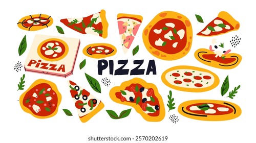 Italian pizza with basil, tomatoes and mozzarella. Pieces of pizza, a set of ingredients, various toppings. Vegetables, cheese,salami, sauce. Cartoon doodle illustration for restaurant and cafe