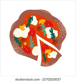 Italian pizza with basil, tomatoes and mozzarella. Pizza slice, set of ingredients, cheese filling. Vegetables, cheese, salami, sauce. Cartoon illustration of fresh pizza for restaurant and cafe