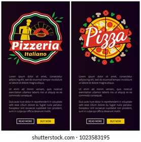 Italian pizza of best quality vertical web pages. Pizzeria with delicious food Internet promotional posters pizza templates cartoon vector illustrations.