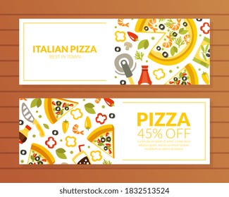 Italian Pizza Best in Town Horizontal Sale Banner Templates Set, Traditional Food Ingredients Seamless Pattern, Food Menu, Cafe Design Element, Leaflet, Flyer, Business Promote Vector Illustration