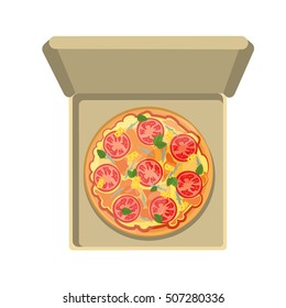 Italian pizza in box. Isolated fresh and tasty italian snack on white background. Pizza with anchovies, tomatoes, ham and cheese.