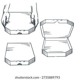 Italian pizza boxes in hands, closed and open. Take away food packs set. Food delivery service concept. Vector hand drawn sketch illustration of meal package