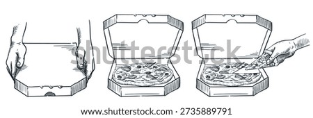 Italian pizza boxes in hands, closed and open. Take away food packs set. Food delivery service concept. Vector hand drawn sketch illustration of meal package