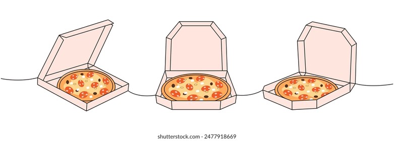Italian pizza in boxes one line colored continuous drawing. Traditional italian fast food continuous one line illustration.