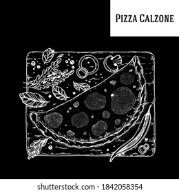 Italian Pizza calzone hand drawn vector illustration. Calzone Pizza top view. Packaging design template. Sketch illustration.