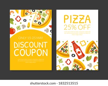 Italian Pizza Card Templates Set with Traditional Food Ingredients Seamless Pattern, Food Menu, Restaurant, Cafe Design Element, Coupon, Leaflet, Flyer Vector Illustration