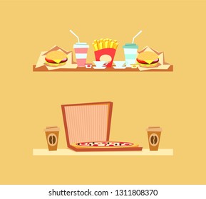 Italian pizza in carton box and coffee vector, burger and soda. French fries fried potatoes, cheeseburger and beverage poured in plastic cup fast food