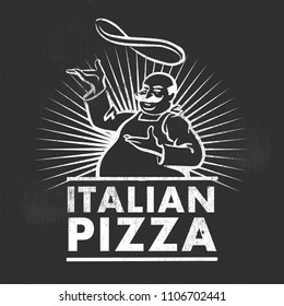 Italian pizza chef. Retro vector illustration on black background.