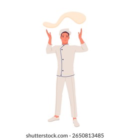 Pizzaria italiana jogando massa na cozinha. Homem feliz no restaurante ou uniforme de padaria e chapéu de pé, padeiro profissional flipping flatbread para fazer a ilustração tradicional do vetor do desenho animado da pizza
