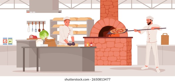 Os chefs de pizza italianos fazem pizza na cozinha do restaurante italiano. Homem de uniforme e chapéu amassando a massa, pizzaiolo fazendo pão plano, segurando espátula para colocar na ilustração do vetor do desenho animado do forno de tijolos