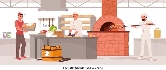 Os chefs de pizza italianos fazem pizza na cozinha do restaurante italiano. Homem de uniforme e chapéu amassando a massa, pizzaiolo fazendo pão plano, segurando espátula para colocar em forno de tijolo