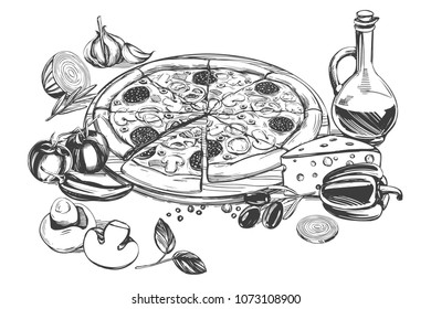 Italian pizza , collection of pizza with ingredients, logo, hand drawn vector illustration realistic sketch