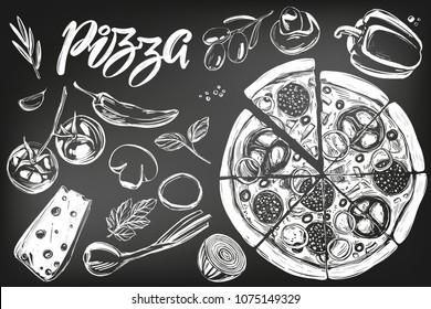 Italian pizza , collection of pizza with ingredients, logo, hand drawn vector illustration realistic sketch , drawn in chalk on a black board