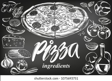 Italian pizza , collection of pizza with ingredients, logo, hand drawn vector illustration realistic sketch , drawn in chalk on a black board