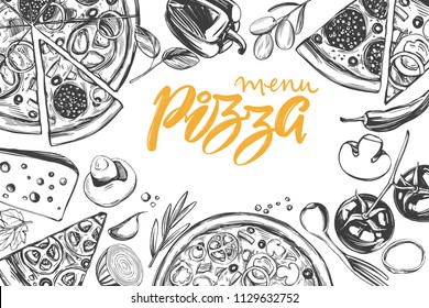 Italian pizza , collection of pizza with ingredients, logo, hand drawn vector illustration realistic sketch ,