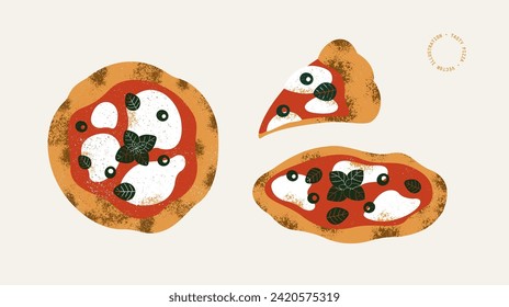 Italian pizza collection. Pizza Margherita with tomatoes and mozzarella. Vector illustration.