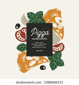 Italian pizza colored design template. Pizza Margherita with tomatoes and basilic.