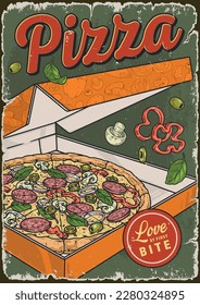 Italian pizza colorful vintage poster with box from your favorite pizzeria for free delivery of hot fast food vector illustration