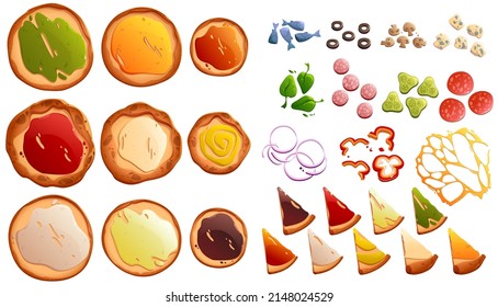 Italian pizza constructor with round dough base, different sauces and topping. Vector cartoon set of pizza ingredients, tomato, blue moldy cheese, pepper, pepperoni, olives, onion and spinach