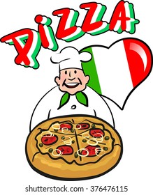 Italian pizza. Cook with pizza on the background of heart in red, white and green