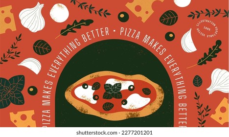 Italian pizza cooked in a wood-fired oven. Horizontal design template. Textured vector illustration