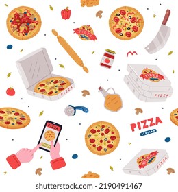 Italian Pizza Cooking with Ingredients and Cardboard Box for Delivery Service Vector Seamless Pattern