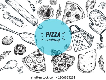 Italian pizza cooking and ingredients, top view frame. Italian food menu design template. Vintage hand drawn sketch, vector illustration. Engraved style illustration. Pizza label for menu.