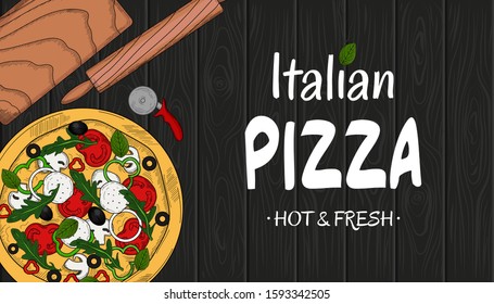 Italian pizza and cooking items on wooden background, top view. Food menu design template. Hand drawn sketch, vector illustration. Engraved style illustration. Pizza label for menu. Pizza shop design.