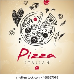 Italian pizza. Cooking vector template with national italian symbols, food. Hand drawn. Cover, label, background, layout, menu, packaging. 