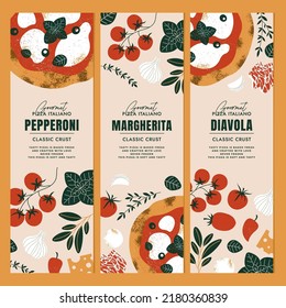 Italian pizza design collection. Pizza vertical banners with tomatoes and mozzarella. Vector illustration.