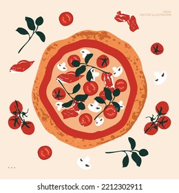 Italian pizza design template. Pizza with basil, parsley, meat, tomatoes and mushrooms. Delicious and hot pizza. Vector illustration