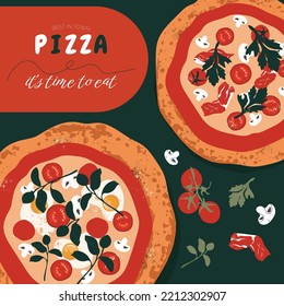 Italian pizza design template. Pizza with egg, basil, parsley, meat, tomatoes and mushrooms. Delicious and hot pizza. Vector illustration