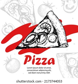 Italian pizza design template. Pizza Frutti Di Mare (seafood) in hand drawn sketch style and pizza ingredients in flat modern style. Best for flyers, menu designs, banners, packages and other. 