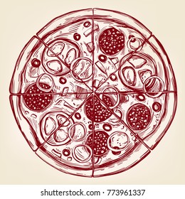 Italian pizza, Pizza design template hand drawn vector illustration realistic sketch
