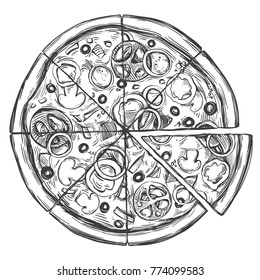 Italian pizza, Pizza design template hand drawn vector illustration realistic sketch