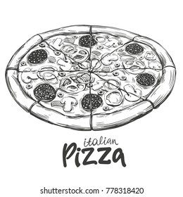 Italian pizza , Pizza design template, logo, hand drawn vector illustration realistic sketch