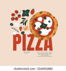 Italian pizza design template. Pizza Margherita with tomatoes and mozzarella.