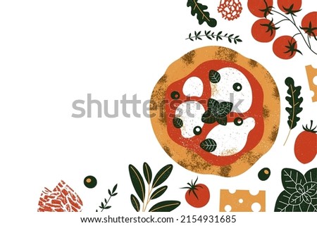 Italian pizza design template. Pizza Margherita with tomatoes and mozzarella on the white background. Vector illustration.