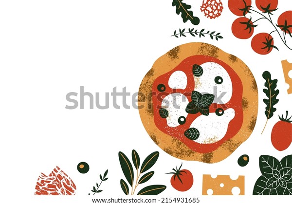 Italian pizza design template. Pizza Margherita with tomatoes and mozzarella on the white background. Vector illustration.